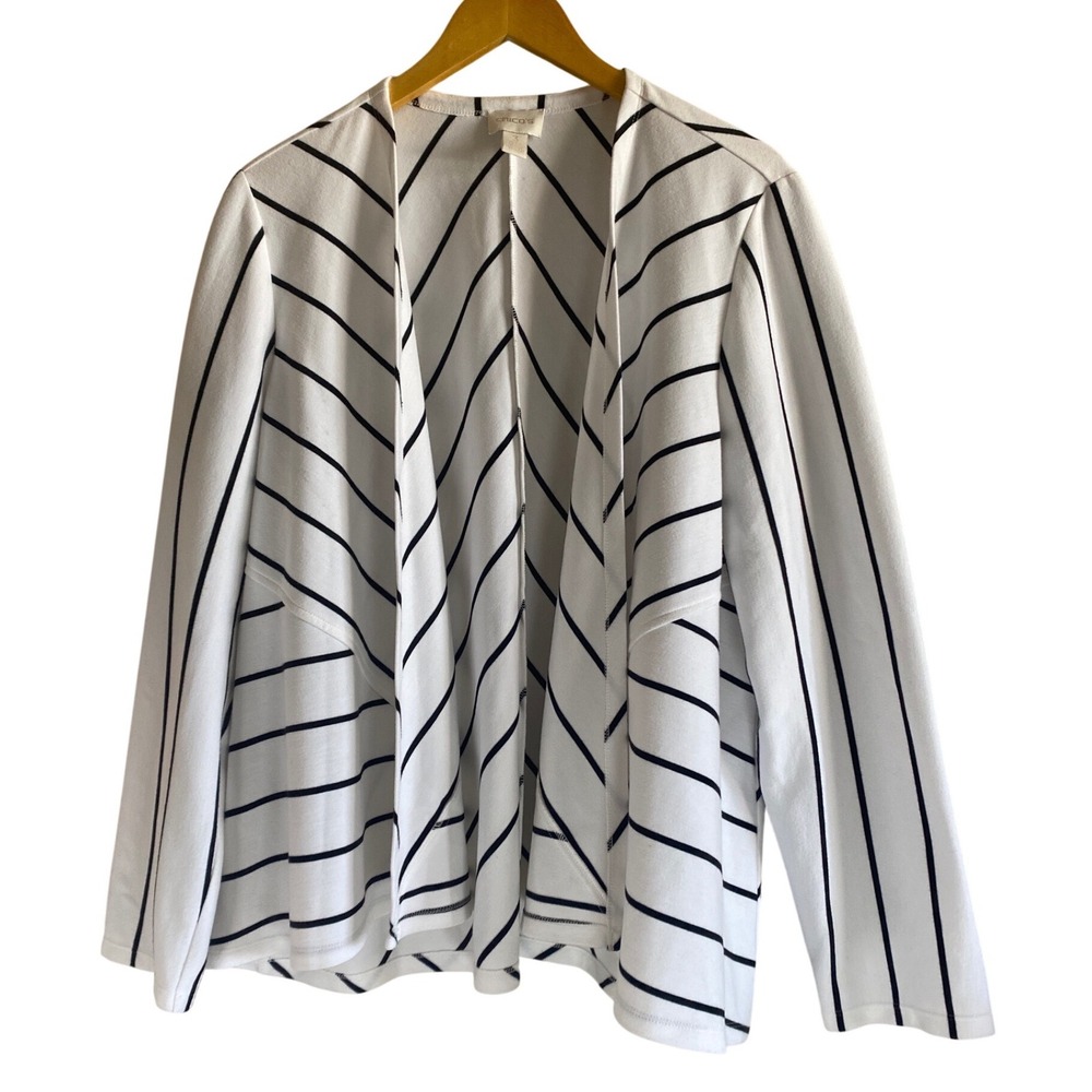Chicos Open Front Cardigan Size 3 (XL)‎ Womens White Black Stripe Jacket Capsule